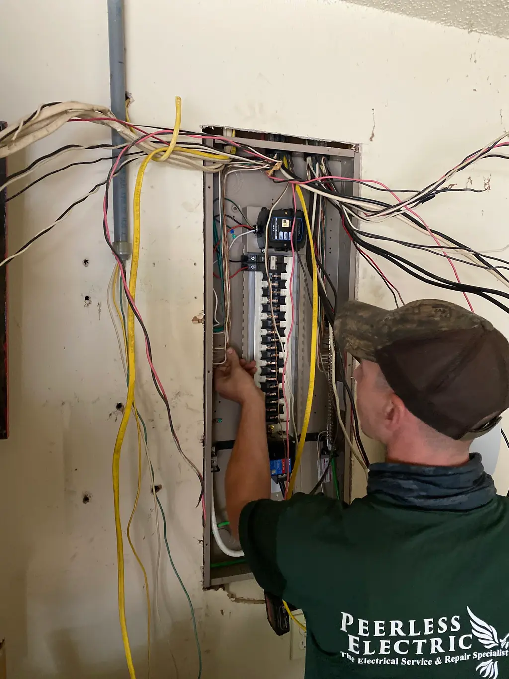 Peerless Electric electrician working a residential load centre behind a fan of branch circuit conductors